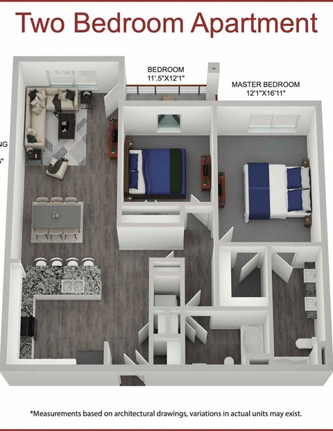 A diagram of a two bedroom apartment with a master bedroom and a bedroom with a bathroom.